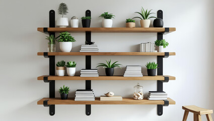 Modern kitchen interior design with wooden furniture and shelves