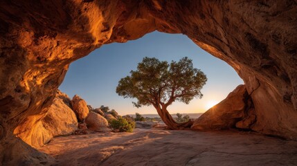 Scenic view of a solitary tree growing inside a natural rock arch during sunset.