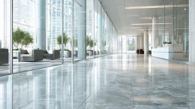 Modern spacious lobby with large glass windows, bright natural lighting, minimalistic design, high ceiling, and polished marble flooring in an office building. - Powered by Adobe