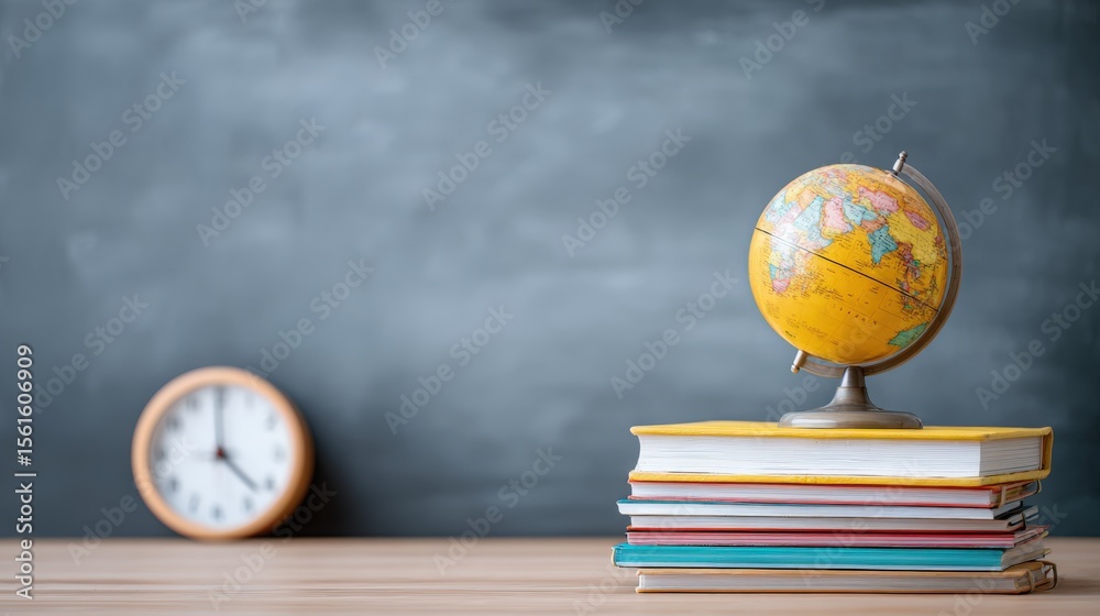 Poster Educational Globe Spinning on Stack of Books with Clock in Classroom Setting.