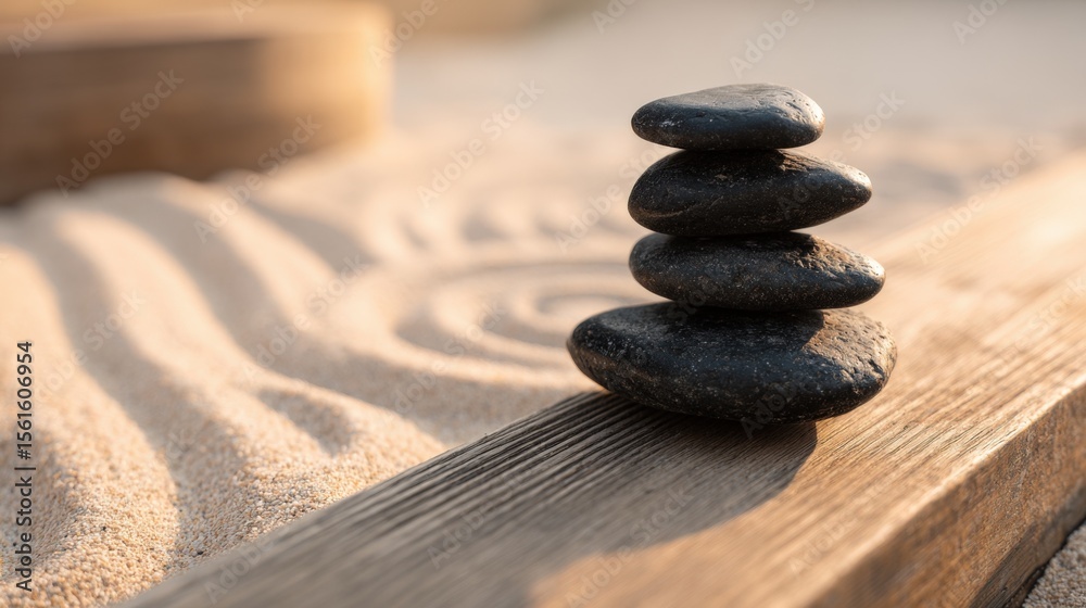 Poster Stack of smooth black stones balanced on wooden surface with sand patterns in background.