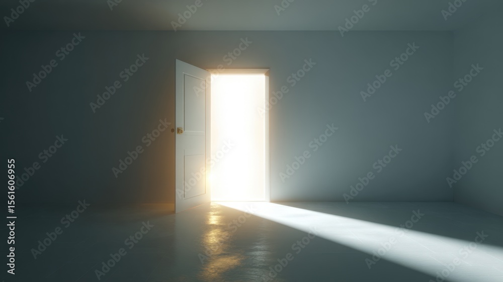Poster Bright light streaming through an open door into an empty room with smooth walls.