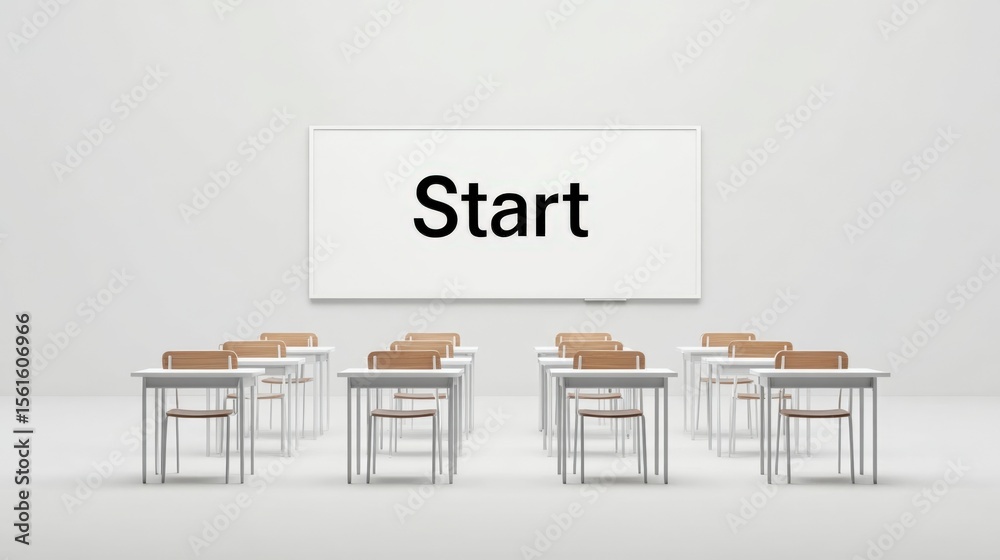 Poster Modern classroom with empty desks and chairs facing a digital start screen in a contemporary educational setting.