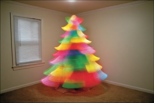 A vibrant, multicolored Christmas tree, created with light trails, stands in a corner room