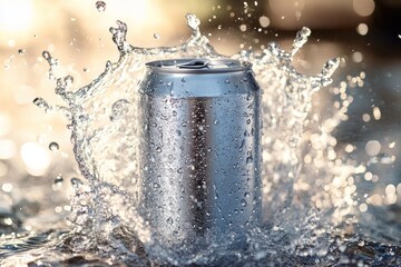 refreshing aluminum can scene, splashing water dynamics, bright cool tones