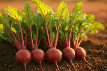 Fresh red beetroots with vibrant green leaves harvested from fertile soil in sunlight, showcasing organic healthy root vegetables