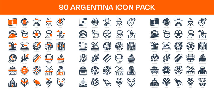 90 Argentina Icons in 3 Styles (Line, Solid, Two-Tone), Featuring Andes, Casa Rosada, Dulce de Leche, and More &ndash; Vector Illustrations