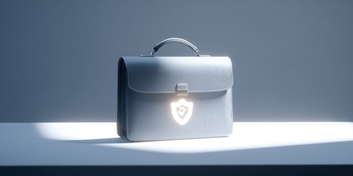 Modern briefcase with illuminated shield logo on gray background with shadow.