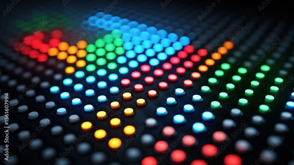 Aufkleber Colorful LED Light Pattern Display on a Dark Background with Bright Multicolor Dots.