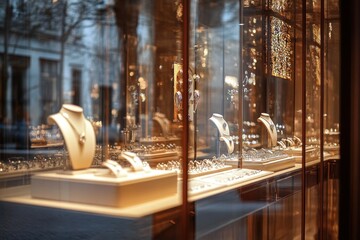 refined window display in luxury jewelry store, crystal-clear reflections, fine lighting