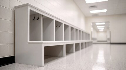 Fototapeta premium Long empty hallway with white storage lockers in school corridor with bright lighting.