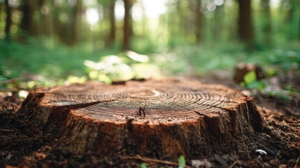 Fototapeta premium Close-up of a Tree Stump in a Forest with Detailed Texture and Natural Green Background.