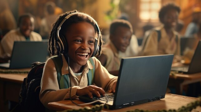 Happy Kenya school children learning computer, summer time.