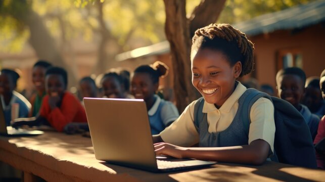 Happy Kenya school children learning computer, summer time.