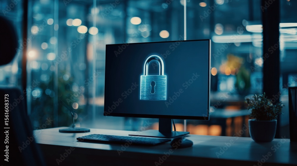 Poster Modern cybersecurity digital protection at night with illuminated padlock icon on screen.