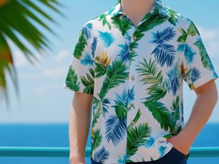 Man wearing a white short-sleeved shirt with tropical leaf print, standing by the sea, palm leaves, sunny weather.