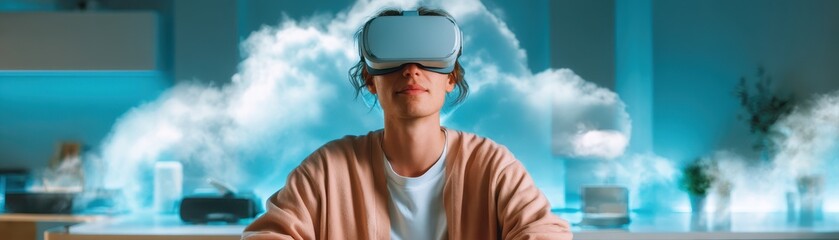 A person wearing a virtual reality headset sits in a modern environment, surrounded by a misty atmosphere, engaged in an immersive experience.