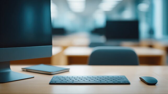 Modern computer workstation with desktop monitor keyboard mouse and workspace setup in office environment.