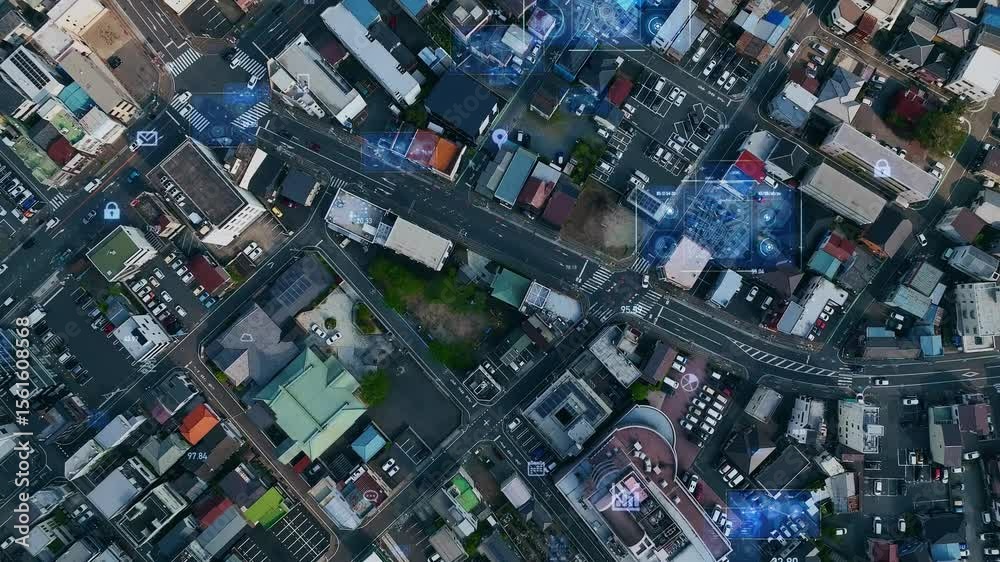 Poster 住宅地の真俯瞰ドローン空撮とデジタルテクノロジーのコンセプト