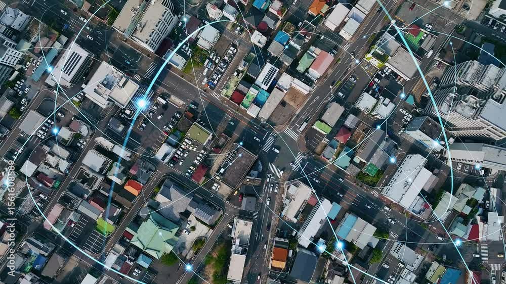 Poster concept of overhead drone aerial view of residential area and communication network