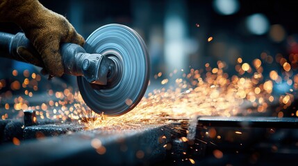 Industrial worker using angle grinder cutting metal with sparks flying in workshop environment.