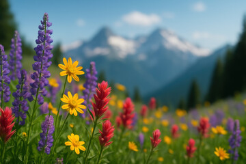 Fototapeta premium Vibrant wildflowers blooming in a lush alpine meadow with snow capped mountains and blue sky in the background during summer