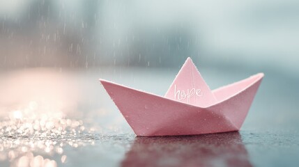 Pink paper boat floating on water with ripples and falling rain creating a serene scene.