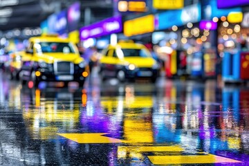 Obraz premium Wet city street at night, taxi cabs, reflections