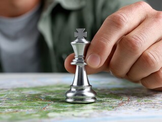 Hand holding a silver king chess piece on a map, suggesting strategic planning and decision-making.