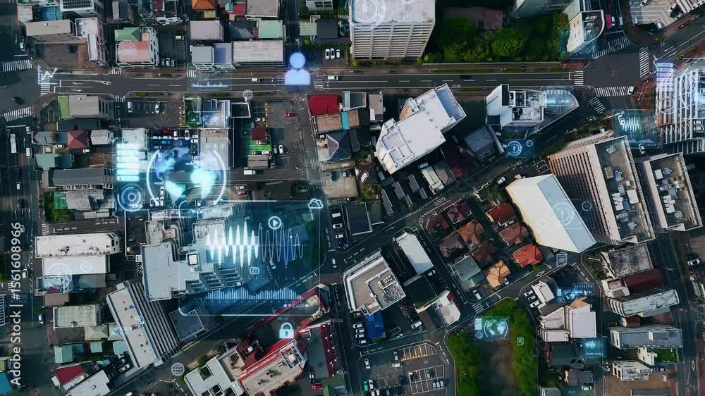 Aufkleber concept of overhead drone photography of residential area and digital technology