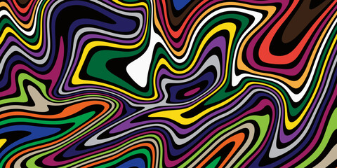 Abstract linear distorted pattern. Retro hippie colorful background with wavy psychedelic texture