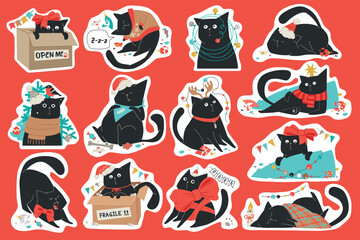 Black Christmas Cat Character Stickers Vector Illustration Set