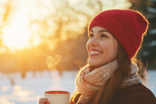 Red-hat woman smiling with hot cup, bright sunflare on crisp winter day