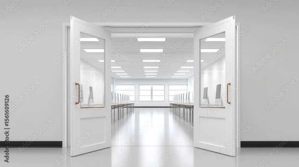 Aufkleber Bright spacious modern classroom with large windows and open doorways for learning.