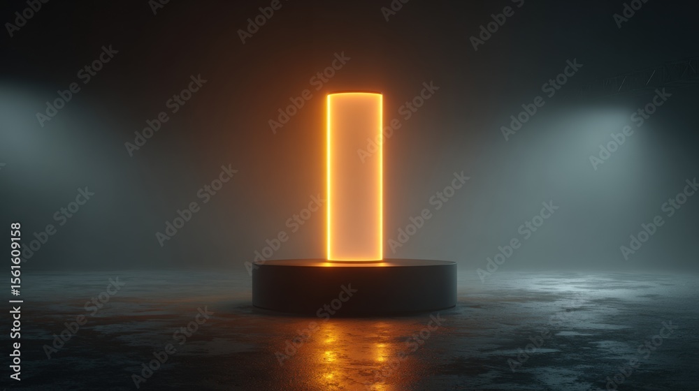 Aufkleber Illuminated rectangular neon light standing vertically on a circular base in dark setting.