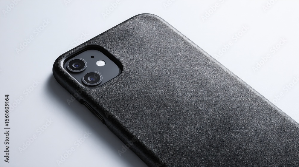 Poster close-up of a modern smartphone with a textured dark gray protective case on a white background.