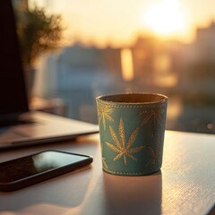 Sunrise office scene with a cup