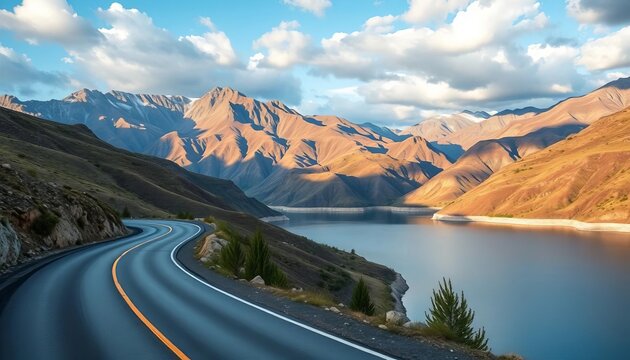 Curving road leads to Porma Reservoir; majestic mountain vista from water's edge,   mountainscape,   travel destination