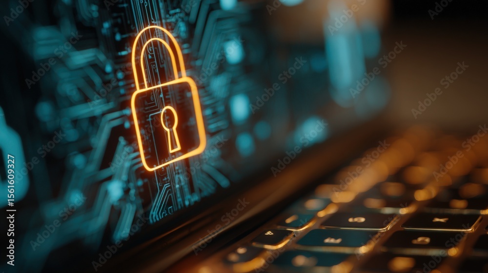 Poster digital security lock icon on futuristic circuit board in bright neon glow illustration.