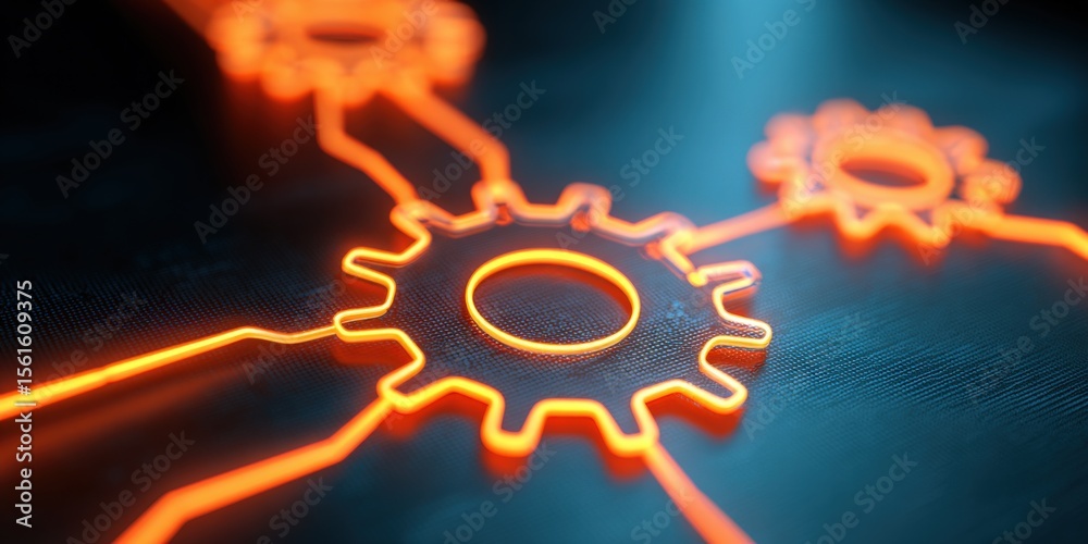 Aufkleber close-up of interconnected glowing gears representing technology and innovation.