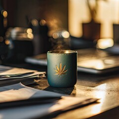 Teal candle cup on a desk