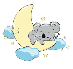 Cute Hand Drawn Vector Koala Sleeping on Moon with Stars and Clouds on White Background