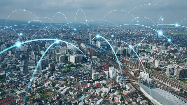 都市のドローン空撮と通信ネットワークのコンセプト