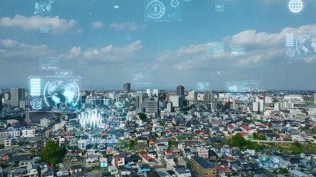 都市のドローン空撮とデジタルテクノロジーのコンセプト