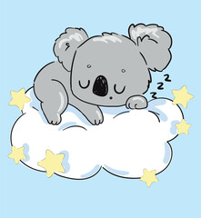 Cute Koala Sleeping on Cloud with Stars on Blue Background Vector Illustration