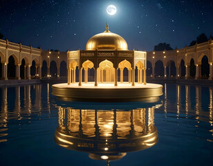 Moonlit Atrium Golden Pavilion Reflecting on Calm Lake