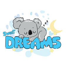 Cute Koala Sleeping on DREAMS Lettering Hand Drawn Vector Baby Print