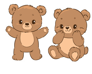 Cute Teddy Bears Set Hand Drawn Vector Illustration for Kids, White Background