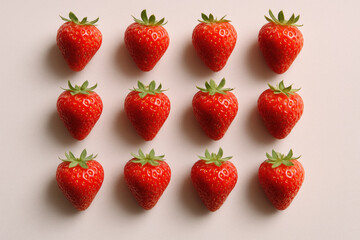 Fresh ripe strawberries arranged in neat rows on a light background highlighting their vibrant red color and green stems