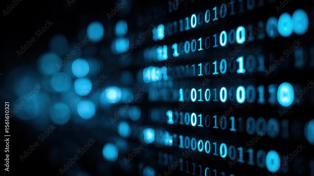 Poster Digital binary code in blue glowing numbers and stream of data visualization.